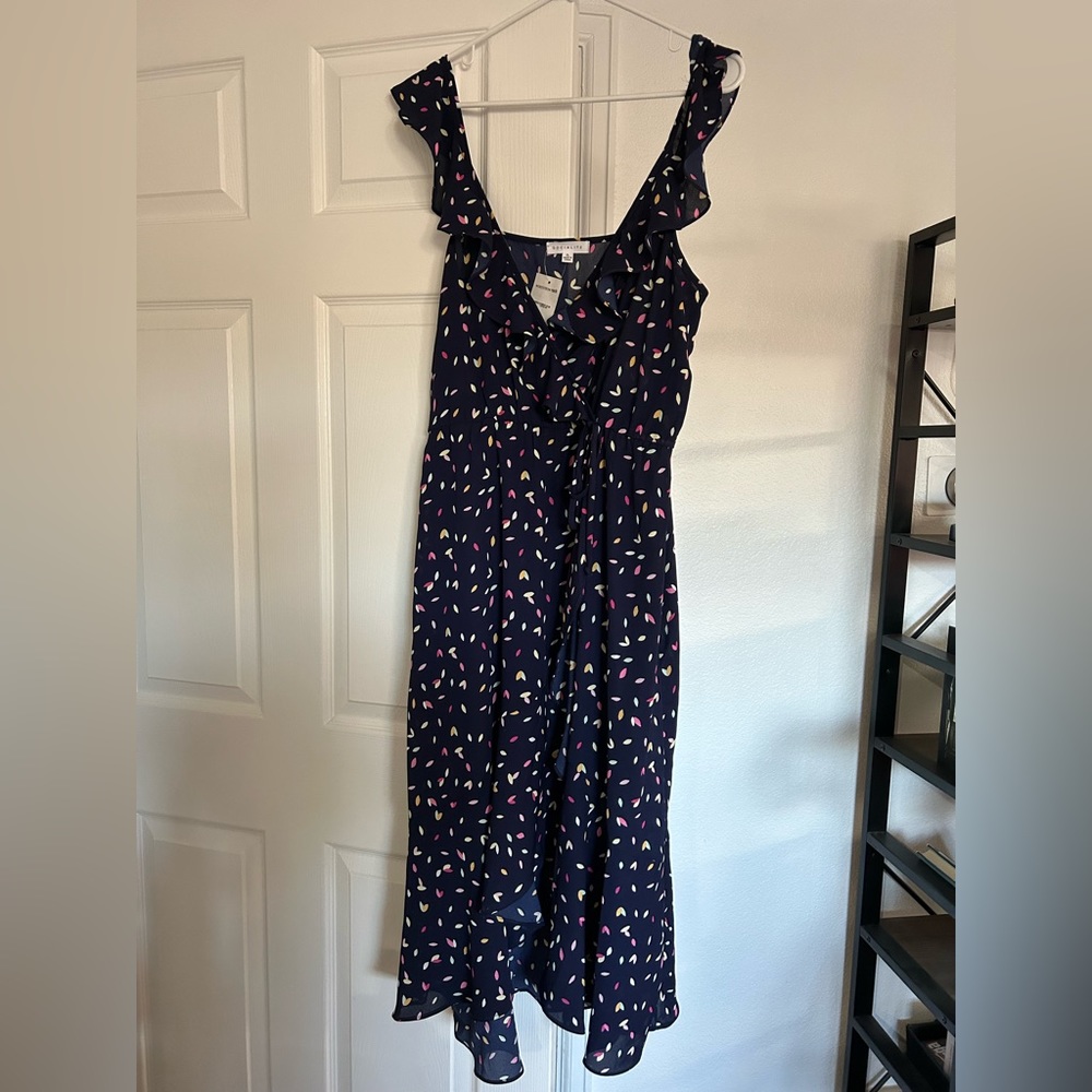 NWT Navy with Rainbow “Sprinkles” Ruffle Midi Hi-Lo Dress